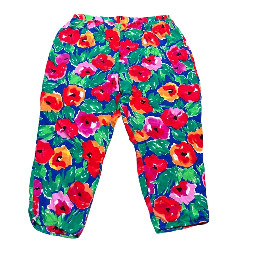 Index Woman by Melrose Vintage Floral Poppy Pants 2X Red Blue Elastic Waist Crop
